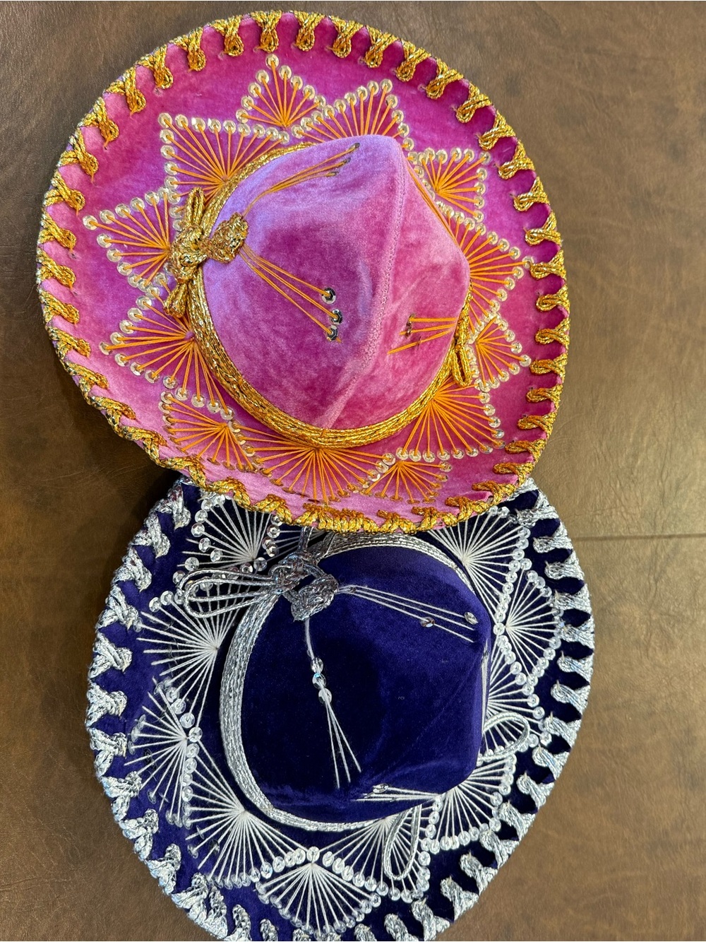 Mexican Velvet Sequined Sombrero Hats – Blue & Pink – Set of 2